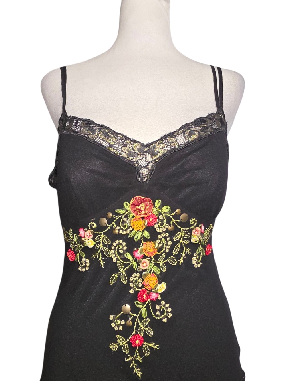Cache Black Embroidered Floral Slip Dress Lace Handkerchief Hem Fairy Grunge 4 - Picture 4 of 13
